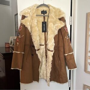 Tan DRIFTWOOD Coat with Floral Embroidery and Faux Fur Lining